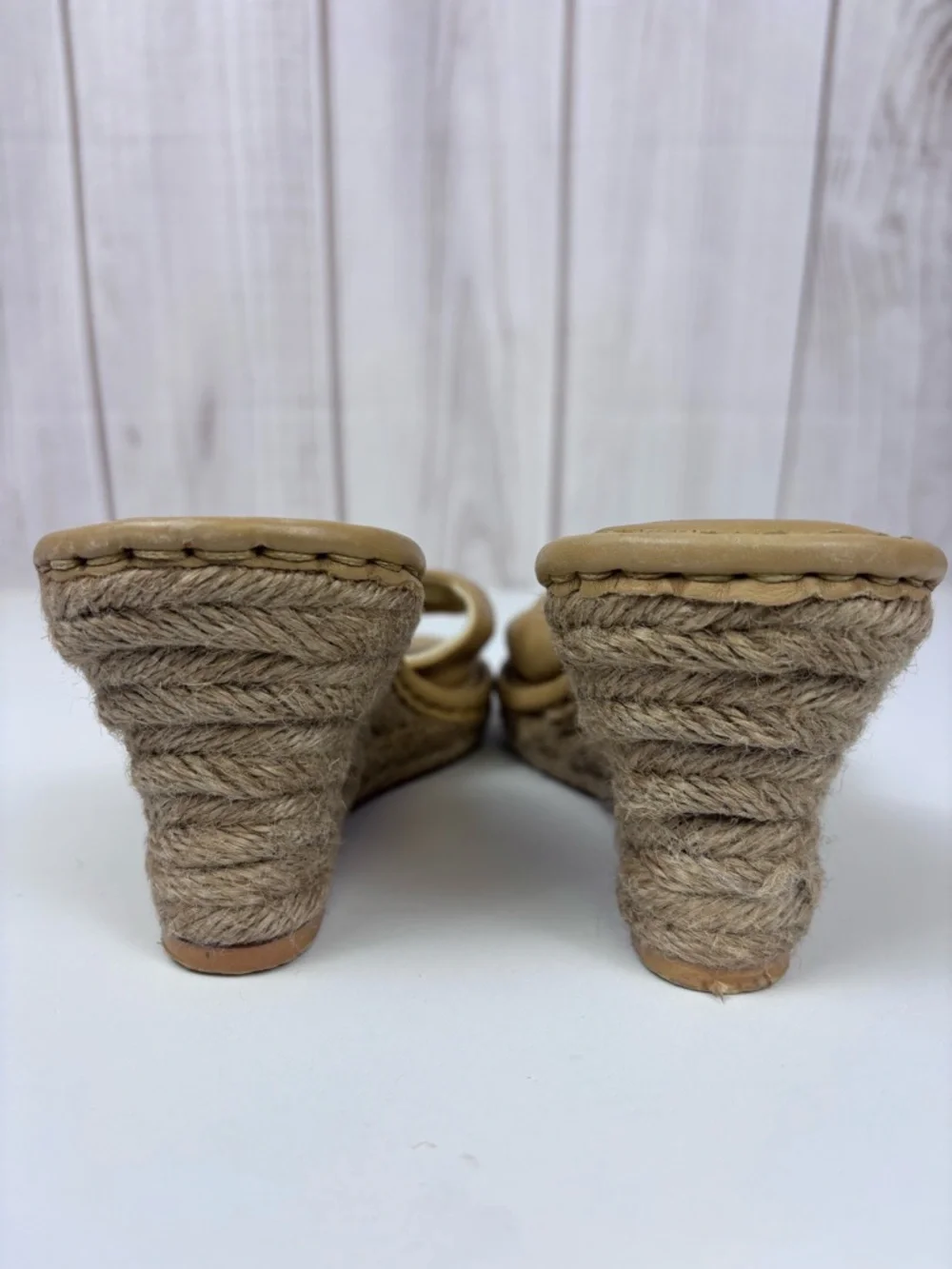 Born Drilles Espadrille Wedge Slide Sandals Leather Fabric Boho Slip-On Tan 8 - Picture 10 of 16